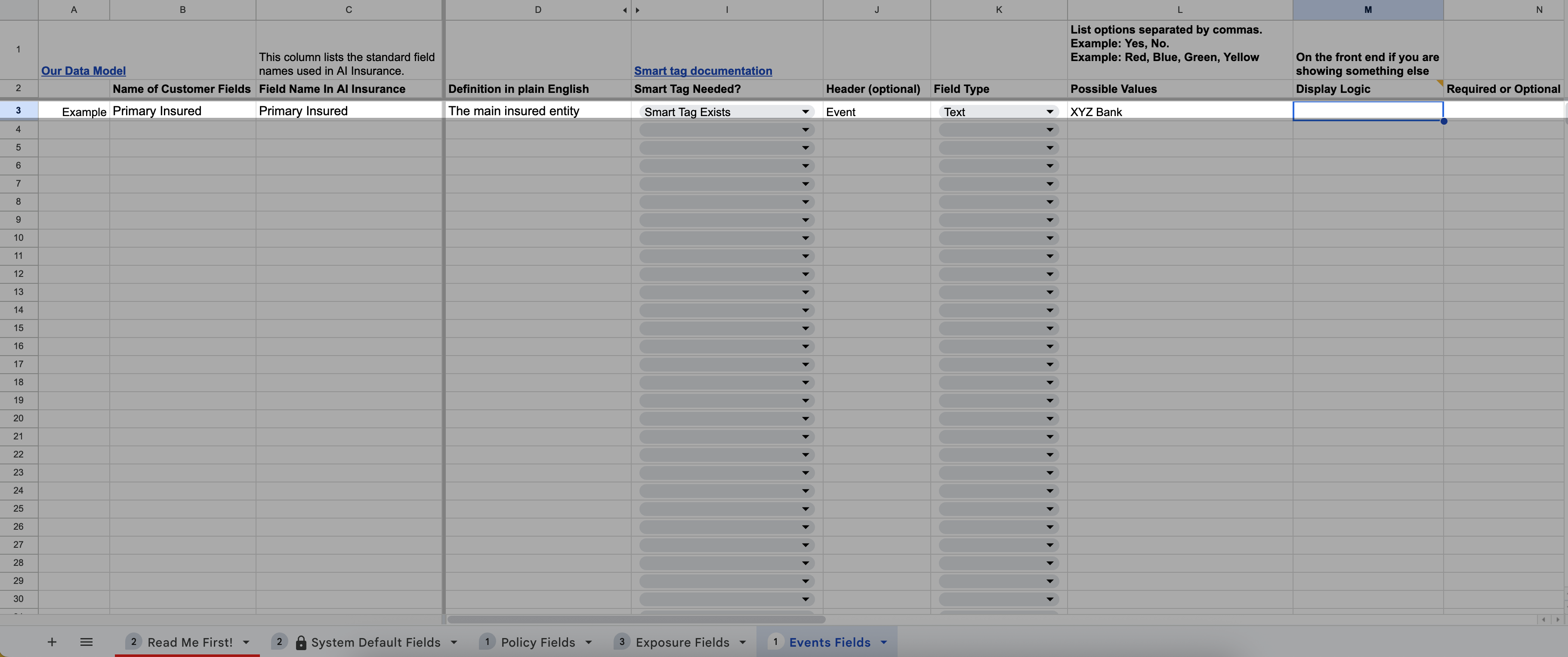 Event field in spreadsheet