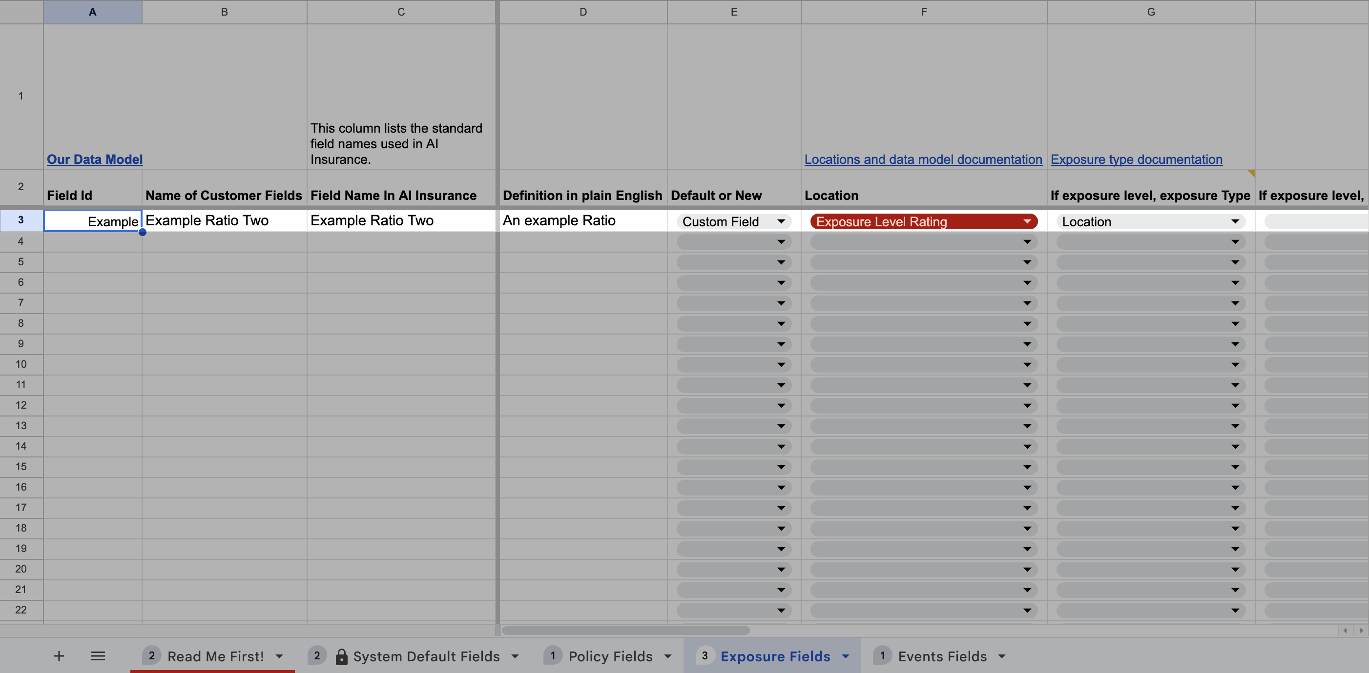 Exposure field in spreadsheet