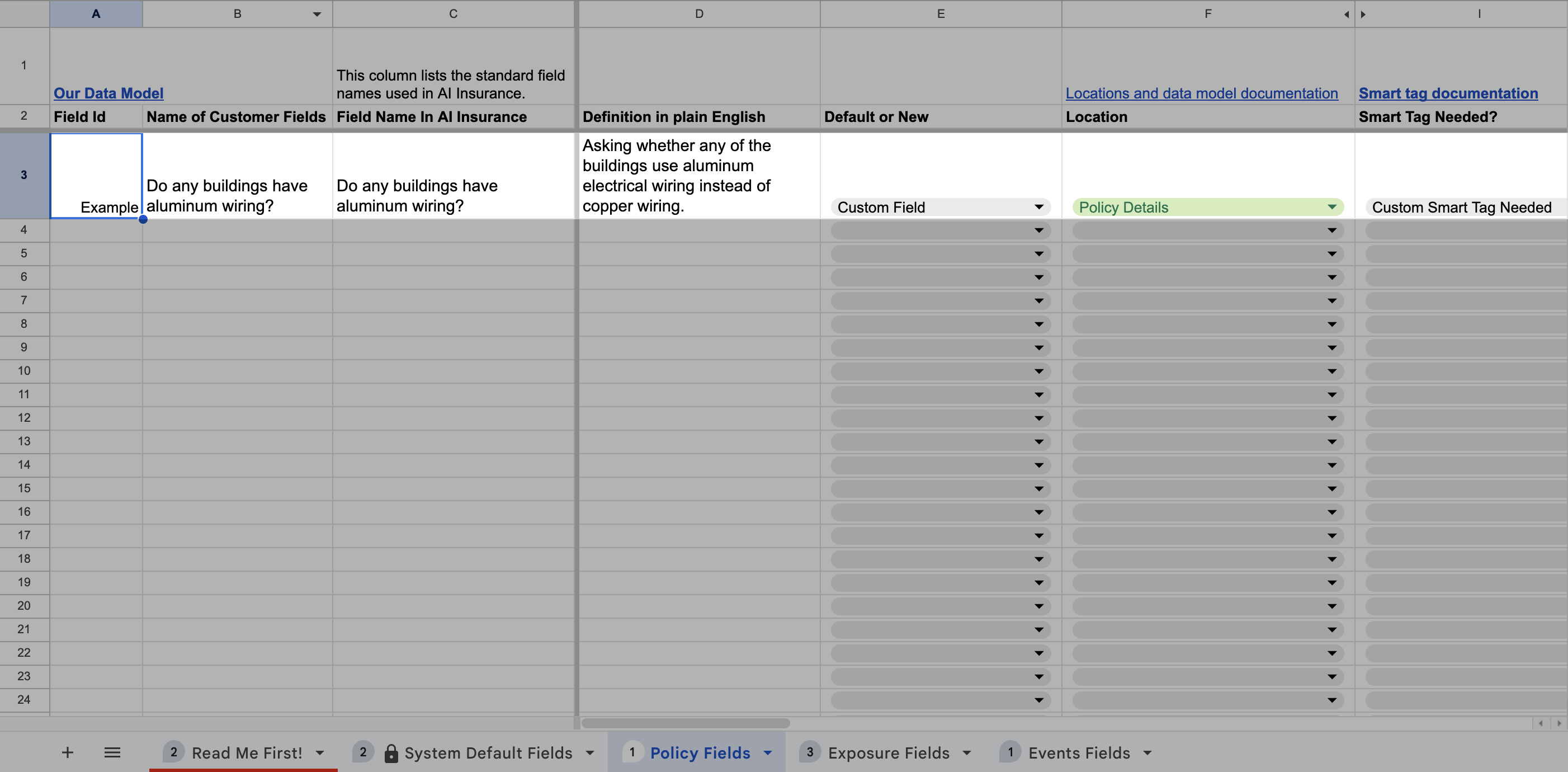 Policy field in spreadsheet
