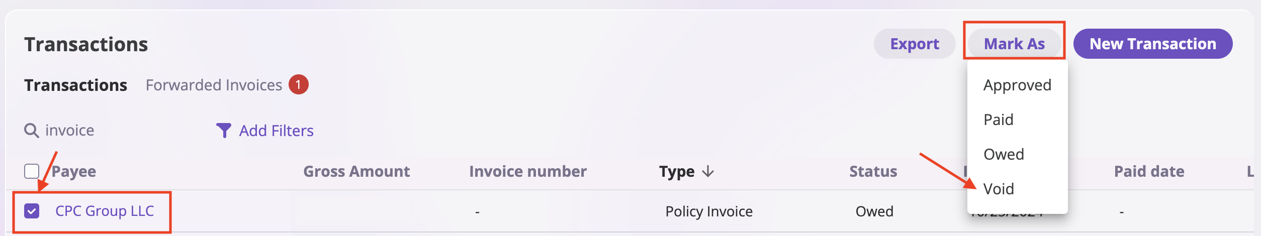 Step 2: Mark Transaction Status interface Step 2: Mark Transaction Status interface