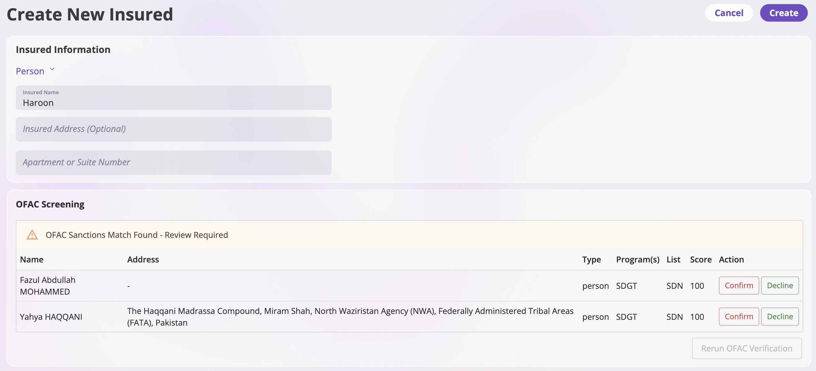 OFAC screening results