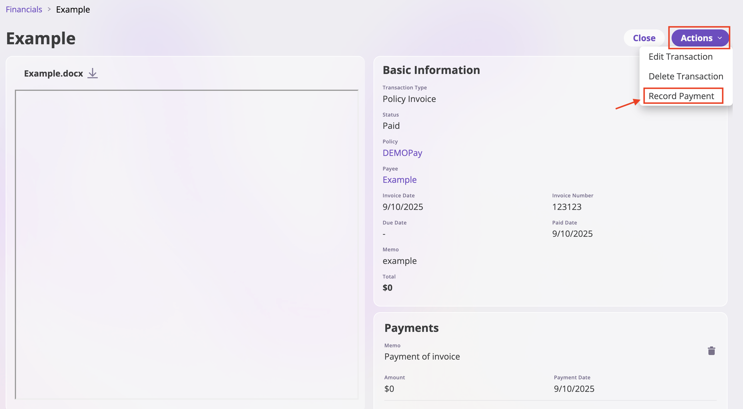 Record Payment action