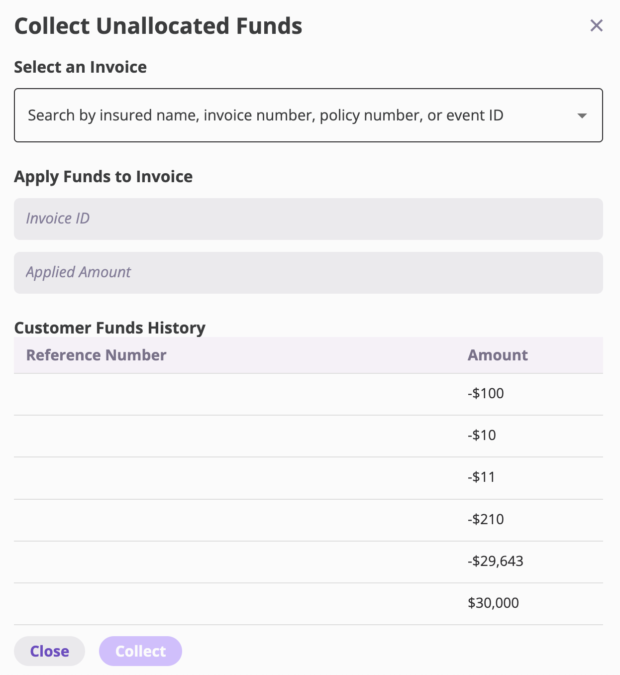 Collect Unallocated Funds modal