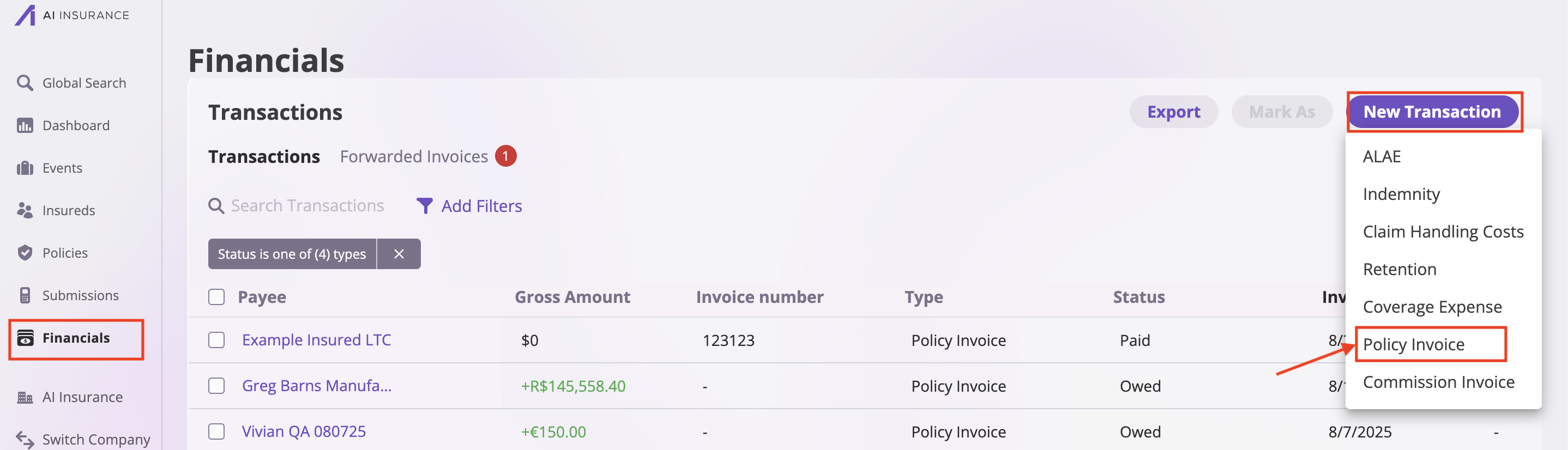 New Transaction dropdown