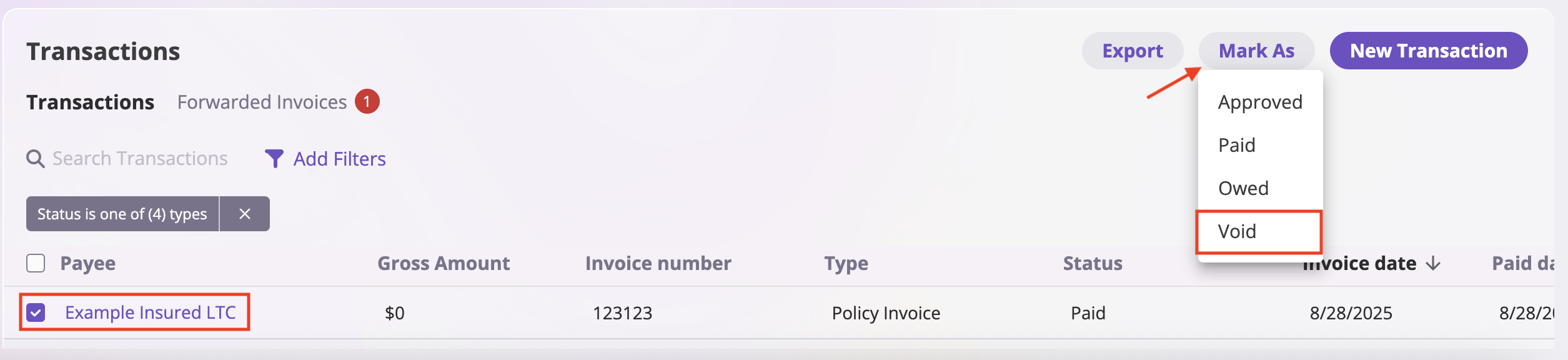 Void existing invoice