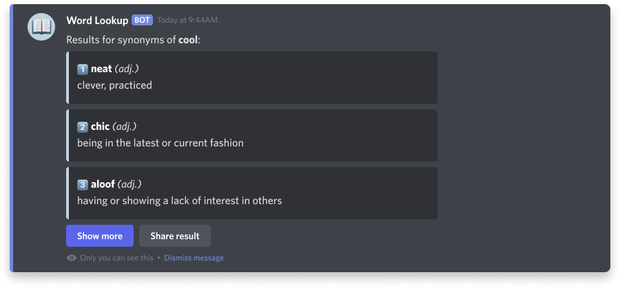 Example of ephemeral message to show search results