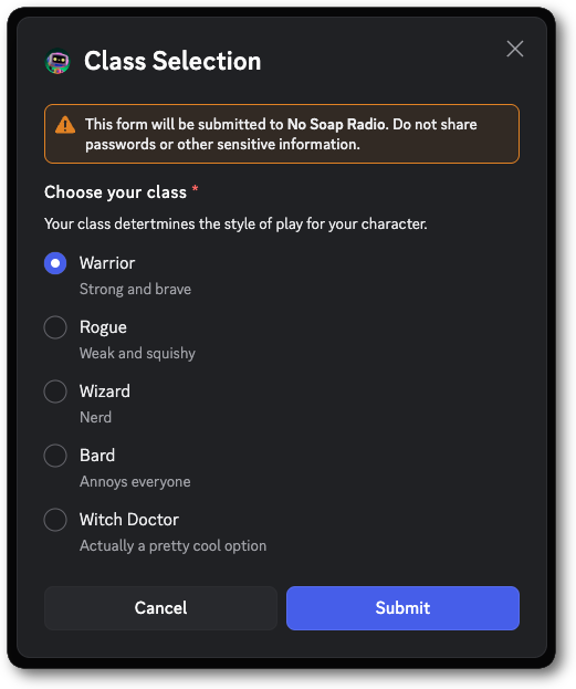 Example of a modal with a Radio Group