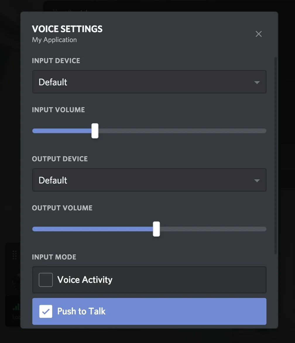 Screenshot of the Voice Settings modal for an application