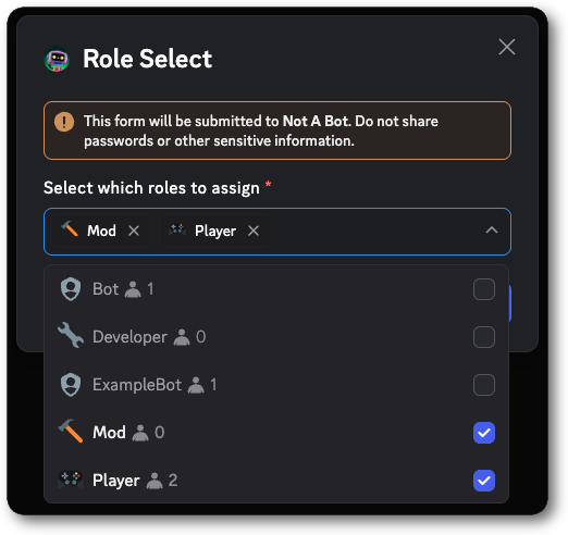 Example of a modal with a Role Select