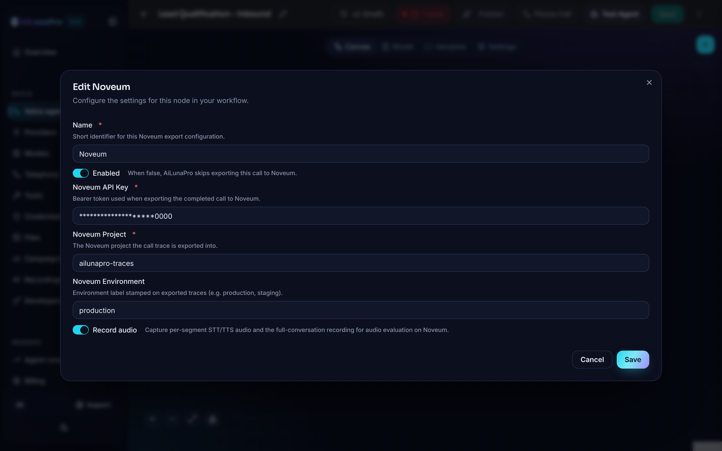 AiLunaPro Edit Noveum modal with API key, project, environment, and audio fields