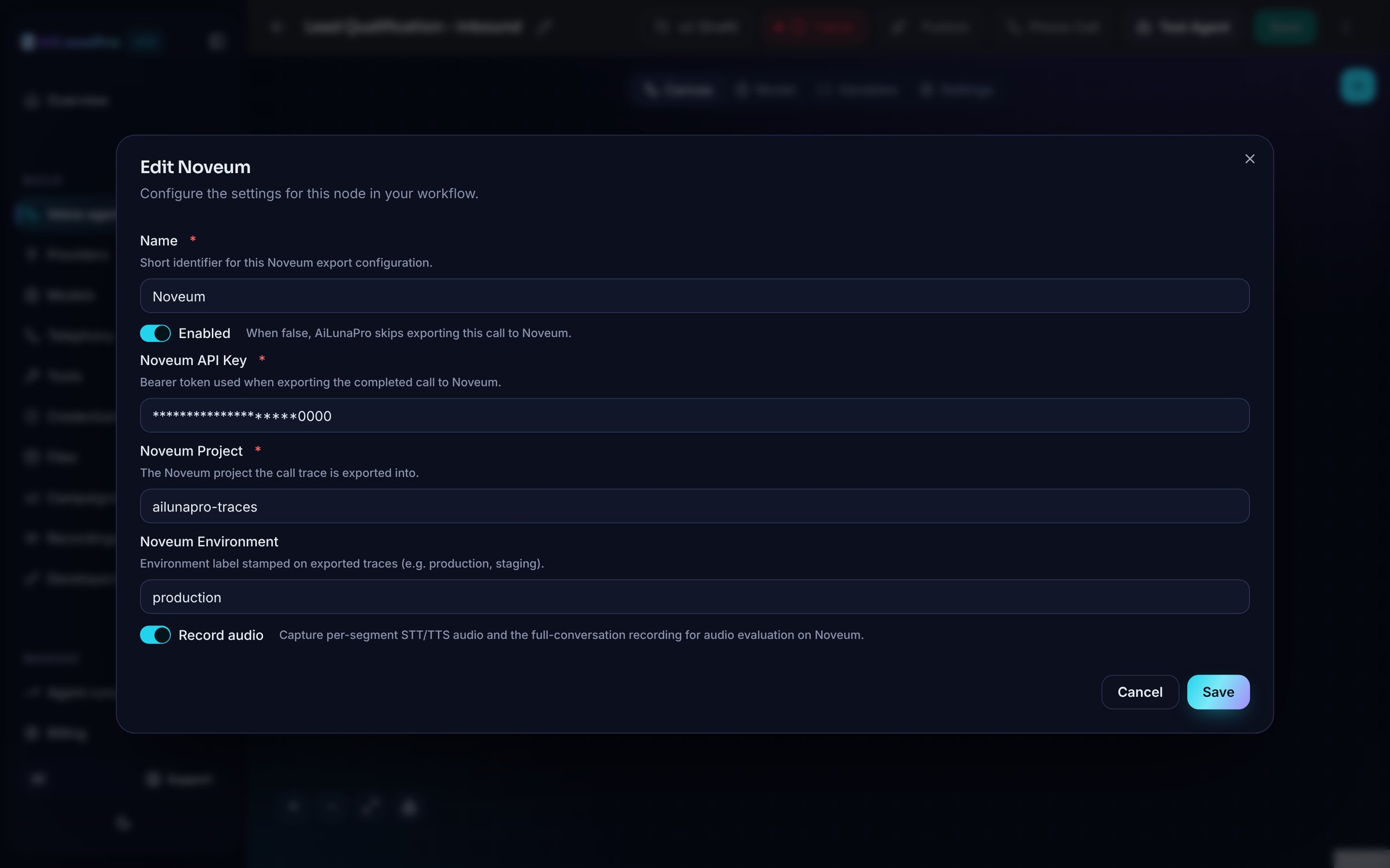 AiLunaPro Edit Noveum modal with API key, project, environment, and audio fields