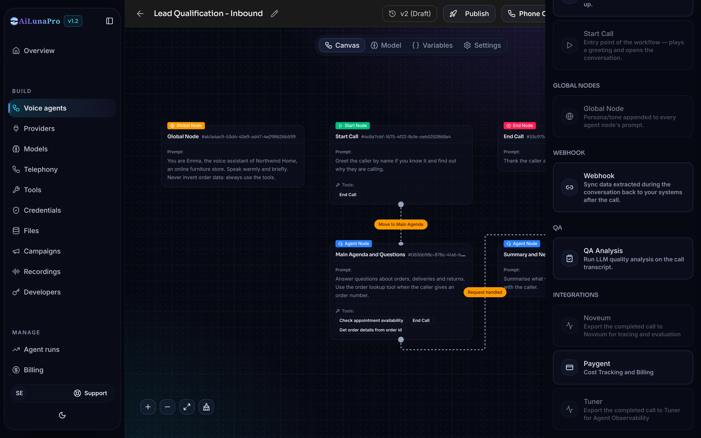 AiLunaPro Integrations panel showing the Noveum node