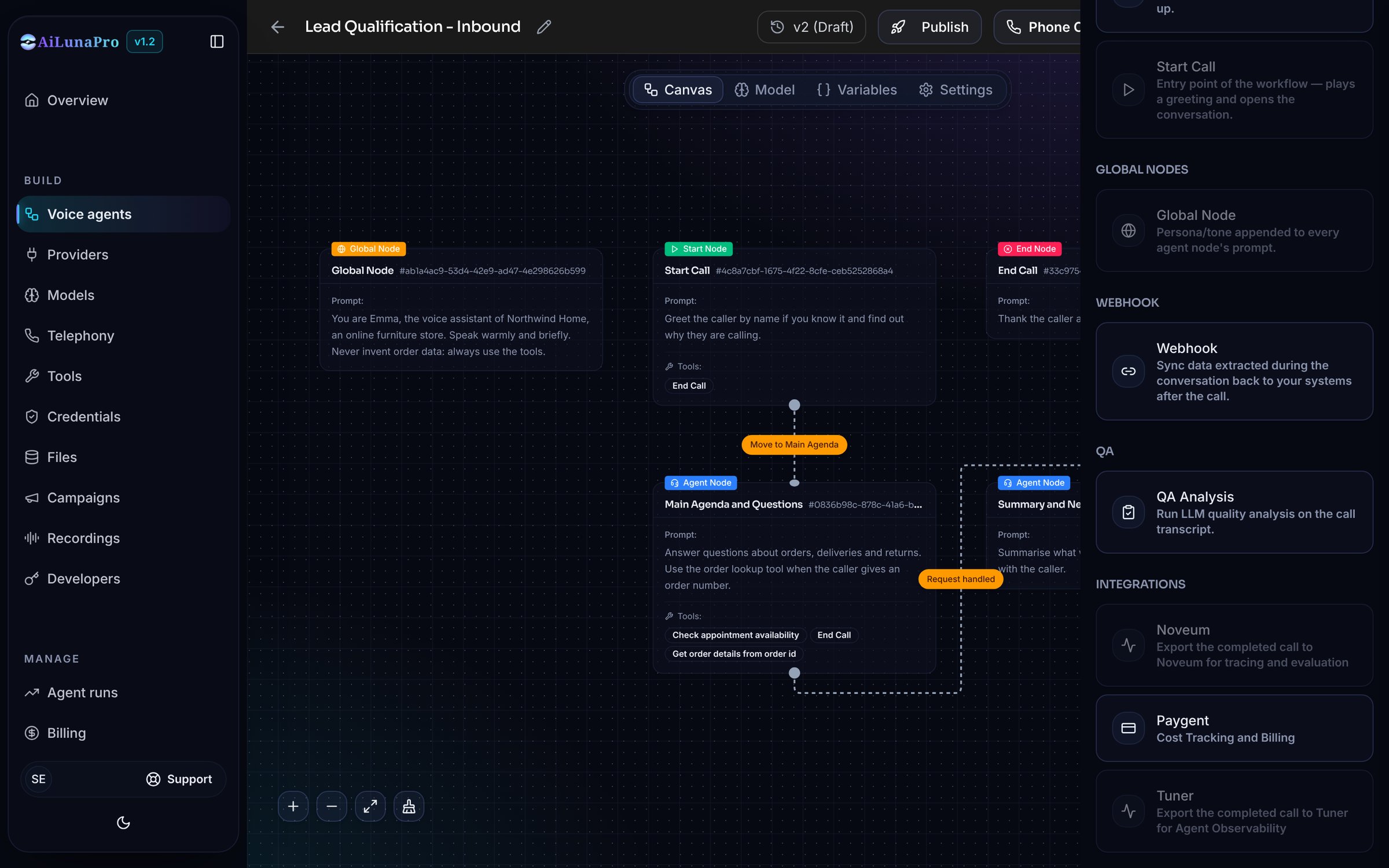 AiLunaPro Integrations panel showing the Noveum node