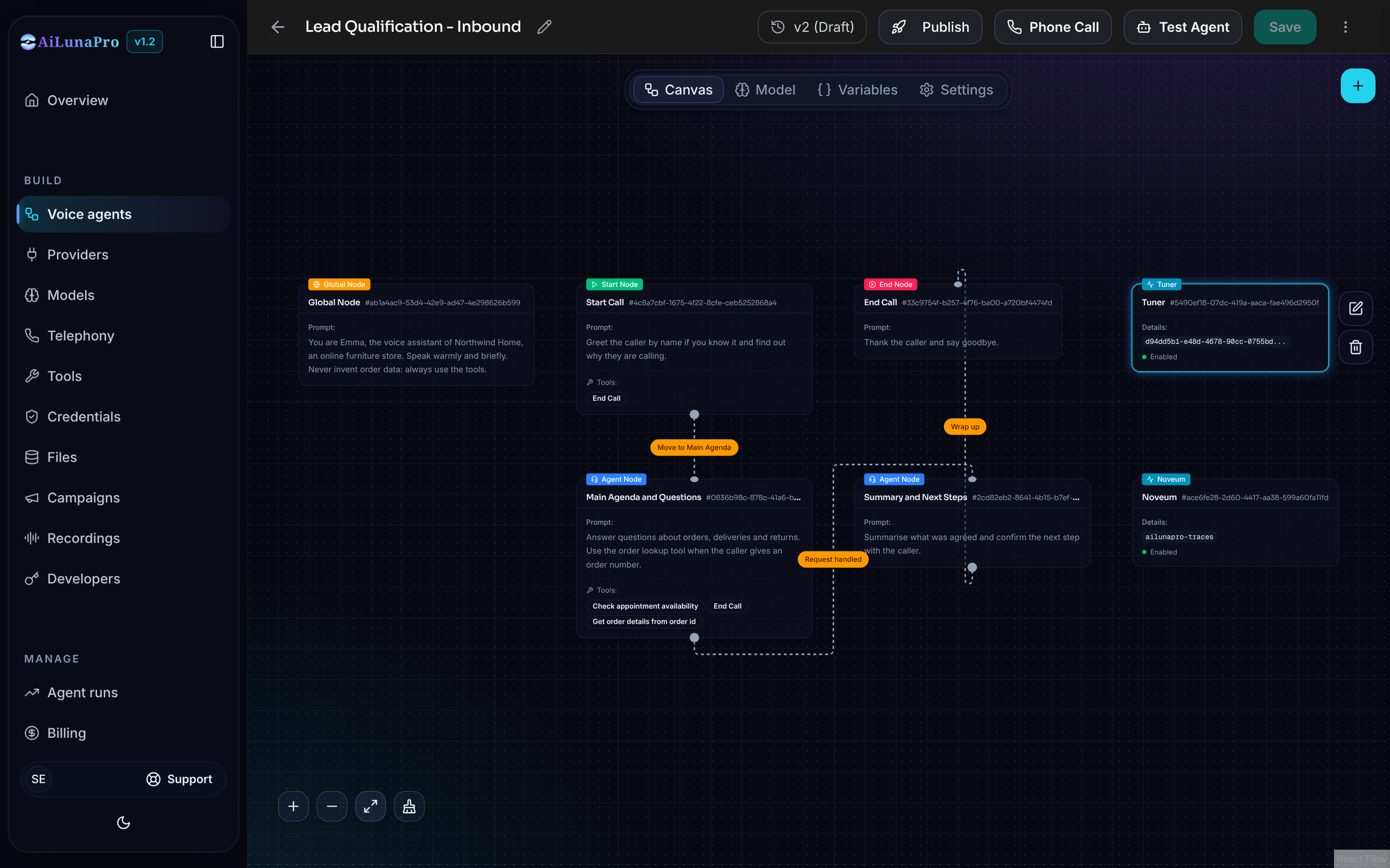 Noveum node on the canvas showing configured and enabled