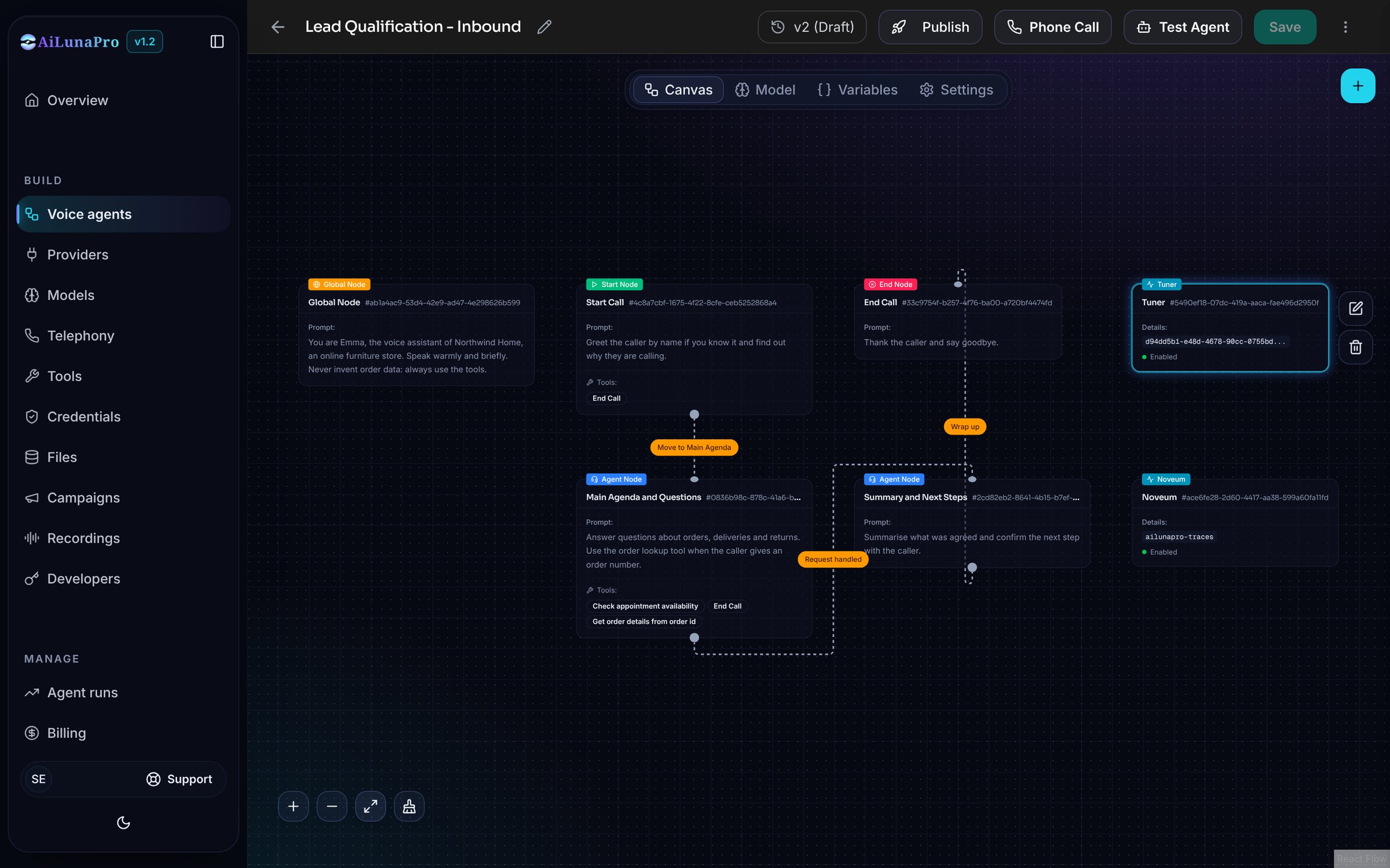 Noveum node on the canvas showing configured and enabled