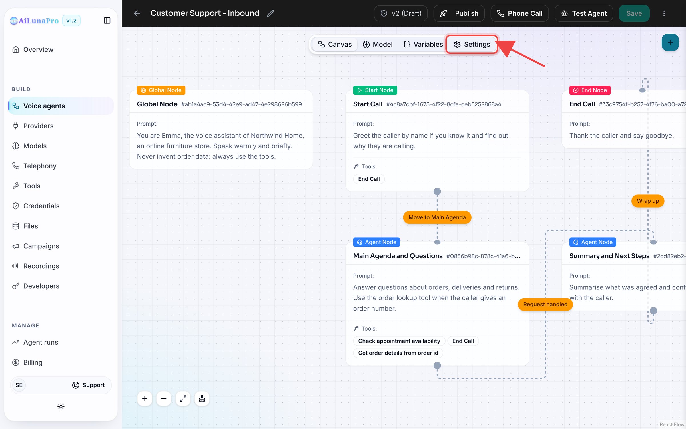Open agent settings