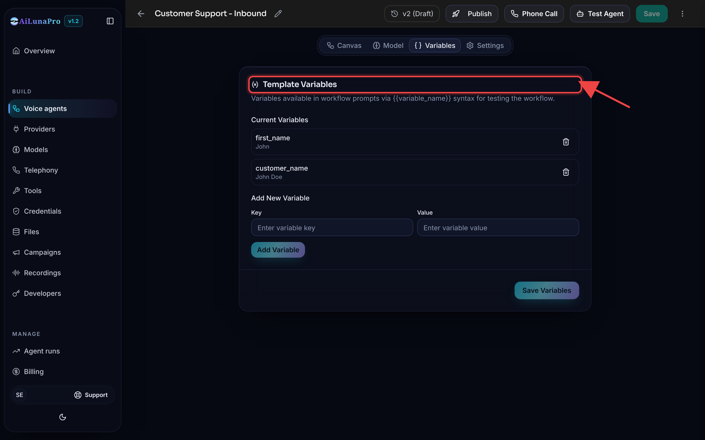 Template Variables panel in workflow Settings, showing a customer_name variable and fields to add new key/value pairs