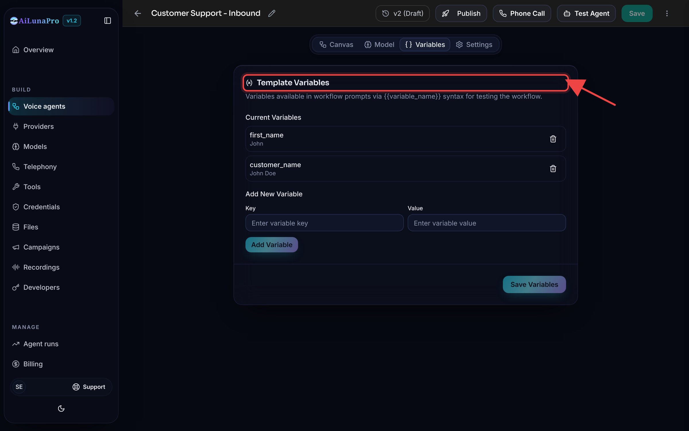 Template Variables panel in workflow Settings, showing a customer_name variable and fields to add new key/value pairs