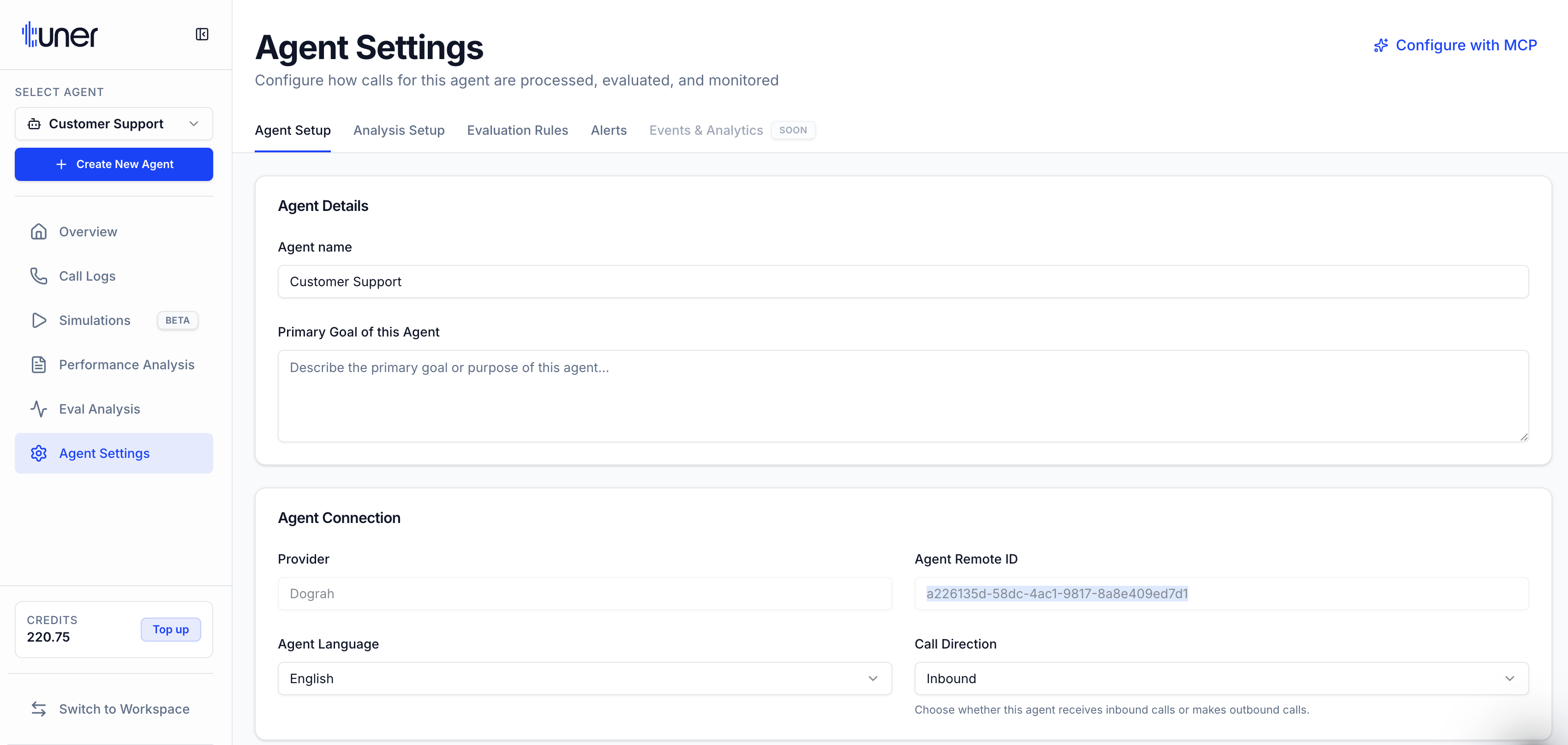 Tuner Agent Settings showing Agent Remote ID