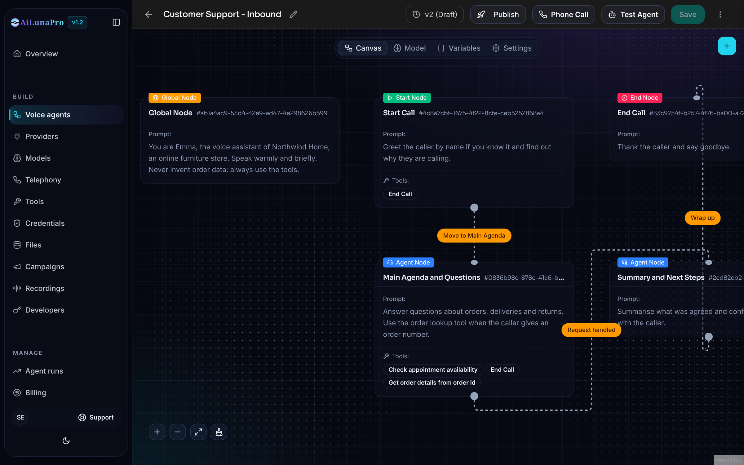 The Voice AiLunaPro workflow builder