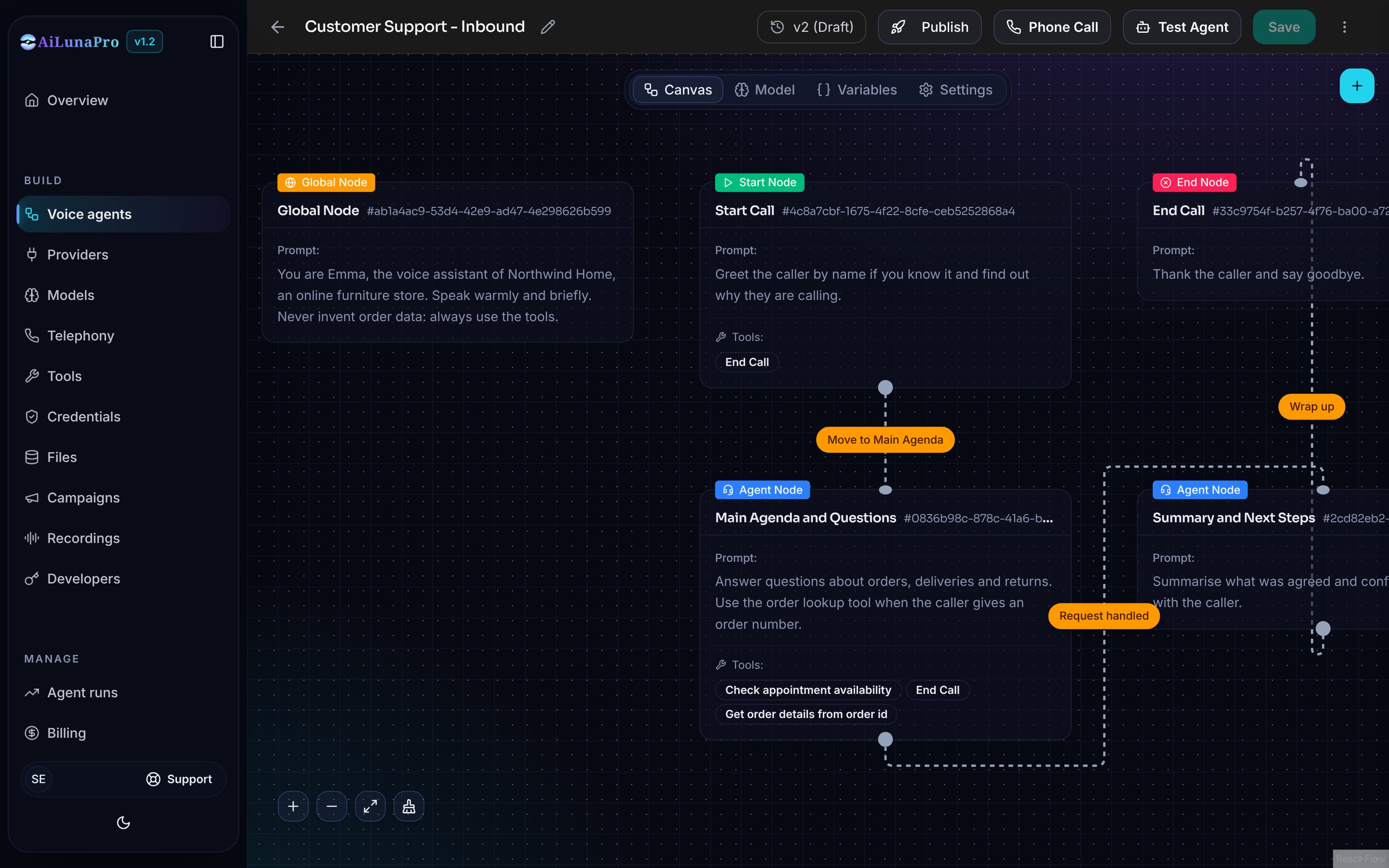 The Voice AiLunaPro workflow builder