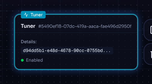 Tuner node on the canvas showing configured and enabled