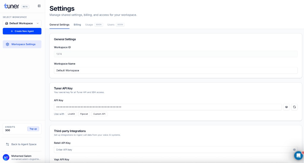 Tuner Workspace Settings showing Workspace ID and API Key