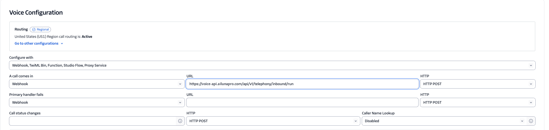 Twilio phone number voice configuration showing webhook URL setup for inbound calls
