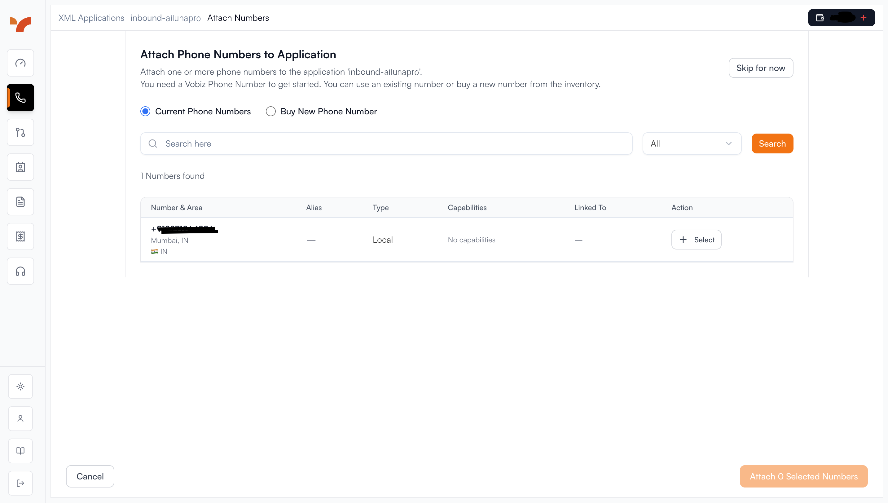 Vobiz application showing phone number attachment interface