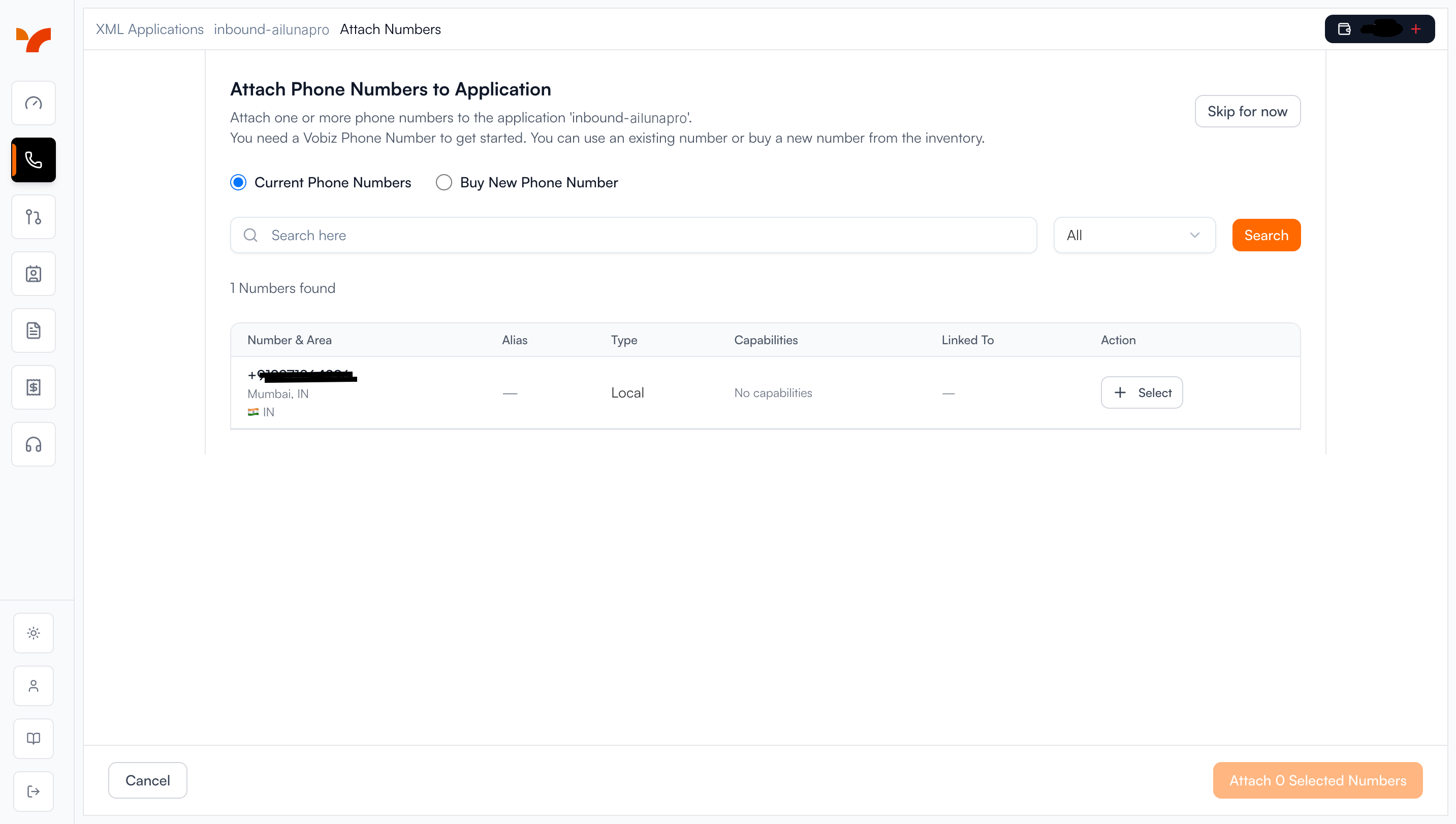 Vobiz application showing phone number attachment interface