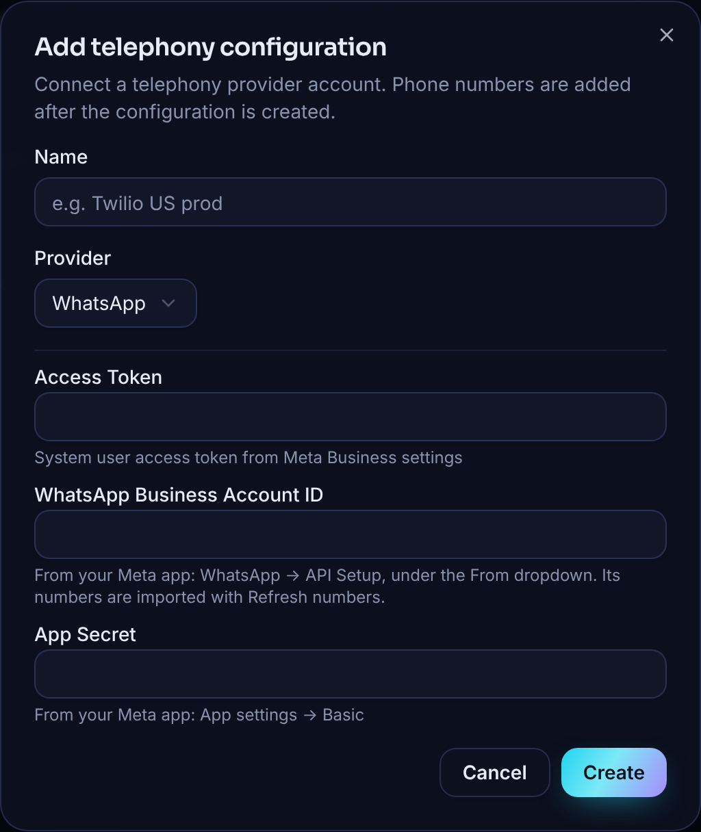 AiLunaPro Add telephony configuration modal showing Access Token, WhatsApp Business Account ID, and App Secret fields