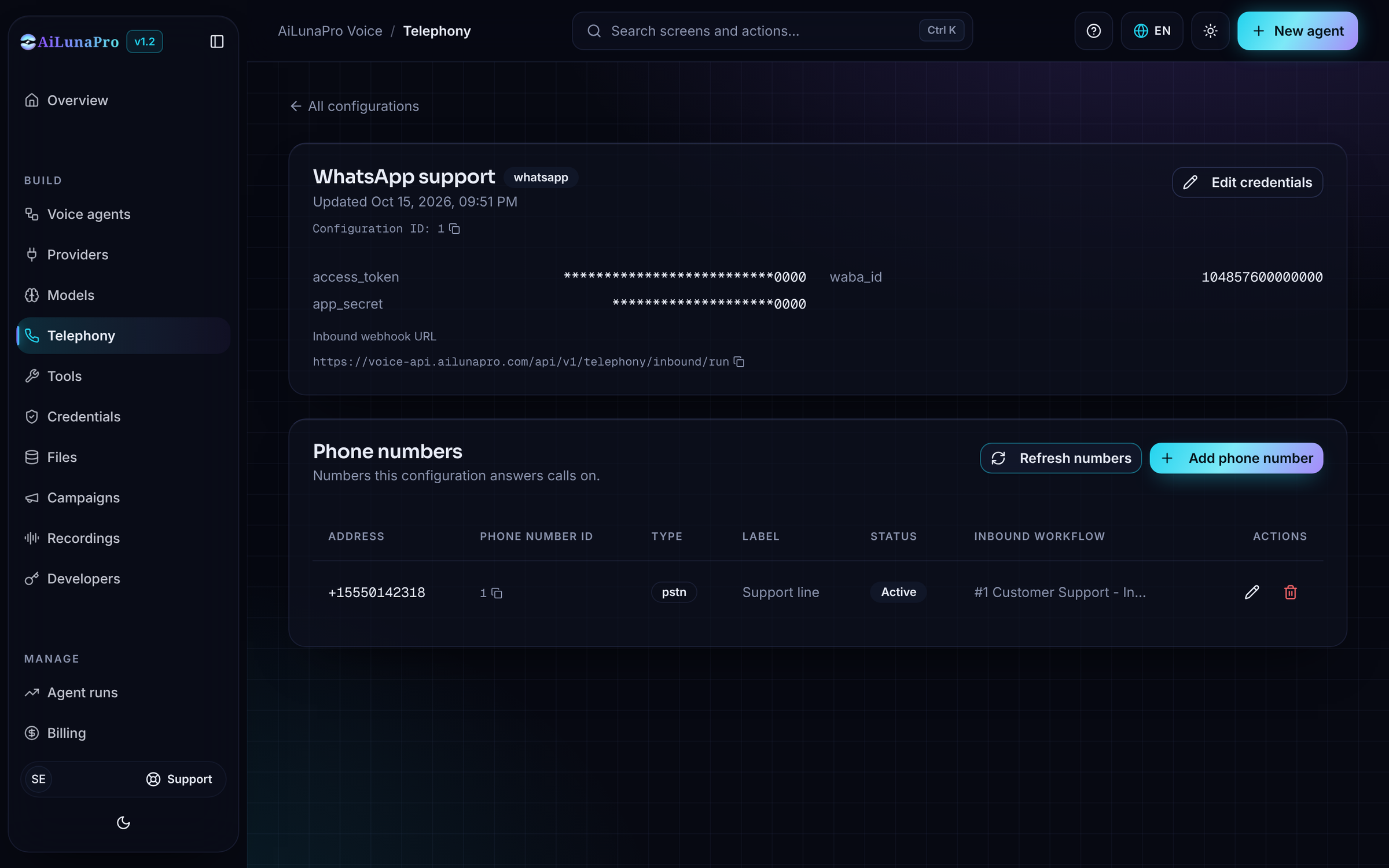 AiLunaPro configuration page showing Callback URL and Verify token