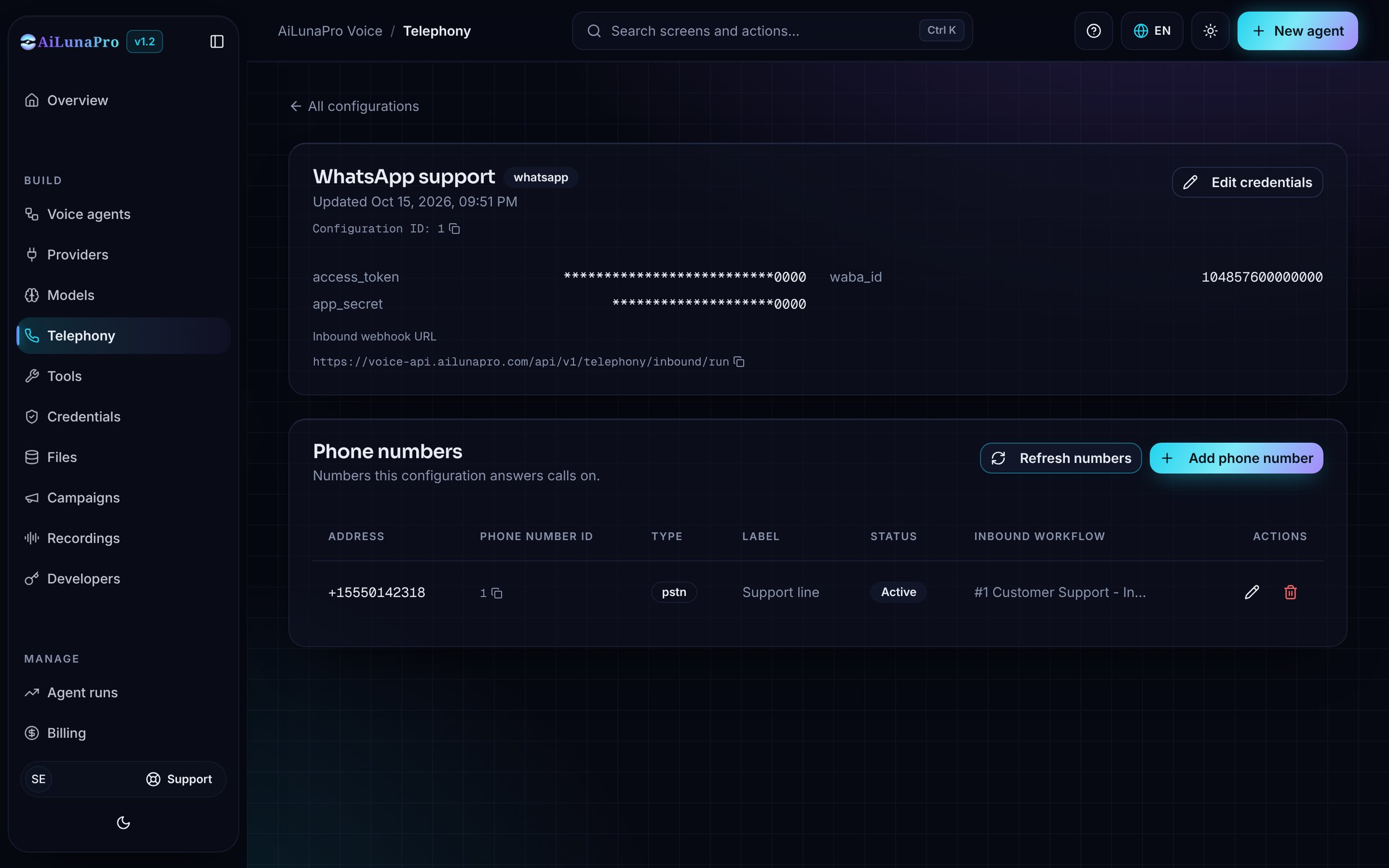 AiLunaPro configuration page showing Callback URL and Verify token