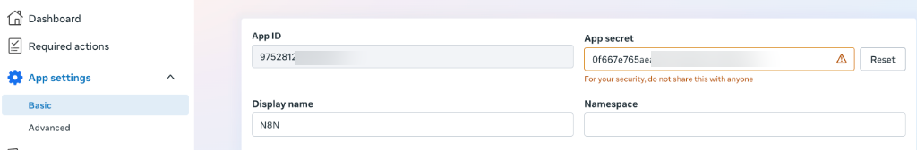 Meta App Dashboard Basic settings showing App ID and App secret