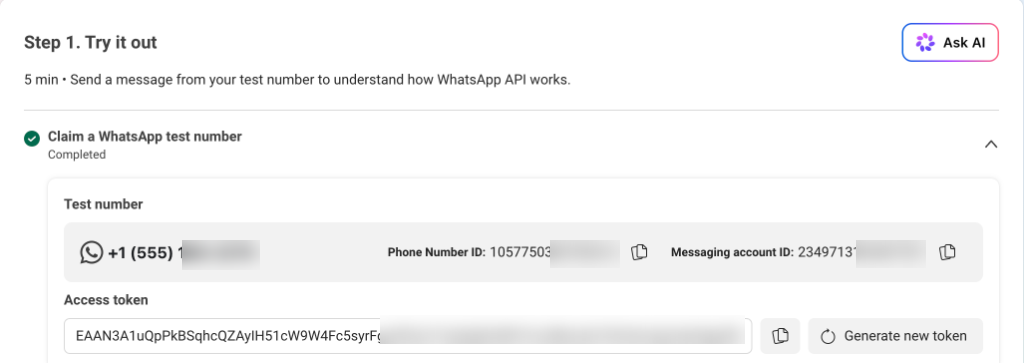 Meta WhatsApp API Setup showing Test number, Phone Number ID, Messaging account ID, and Access token