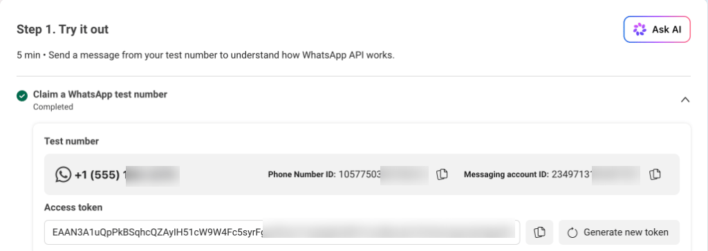 Meta WhatsApp API Setup showing Test number, Phone Number ID, Messaging account ID, and Access token