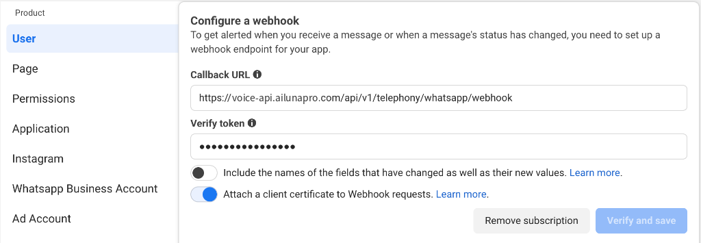 Meta Configure a webhook modal showing Callback URL and Verify token