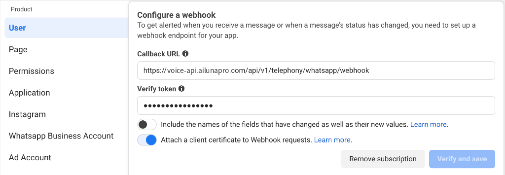 Meta Configure a webhook modal showing Callback URL and Verify token