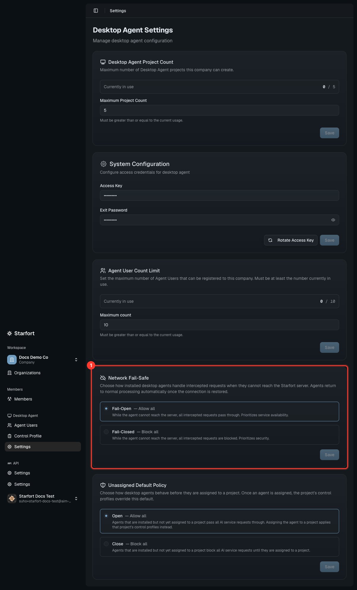 Network Fail-Safe セクションがハイライトされ、認証情報が伏せられた Desktop Agent 設定