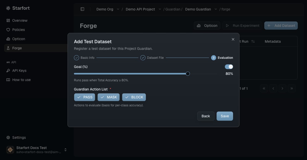 Goal 80%とPASS、MASK、BLOCKが選択されたAdd Test DatasetダイアログのEvaluationステップ