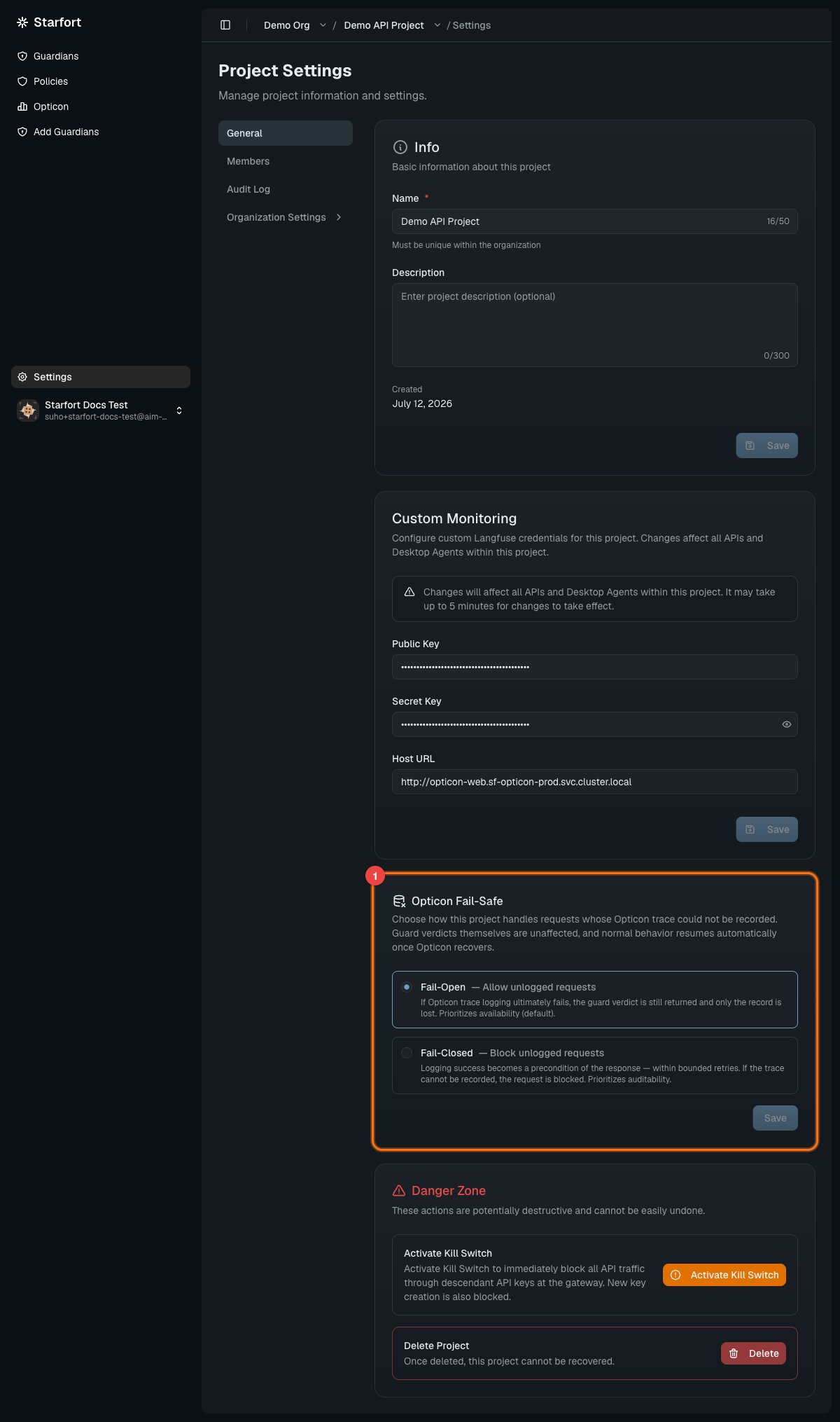 Project Settings with the Opticon Fail-Safe section highlighted, showing the Fail-Open and Fail-Closed options