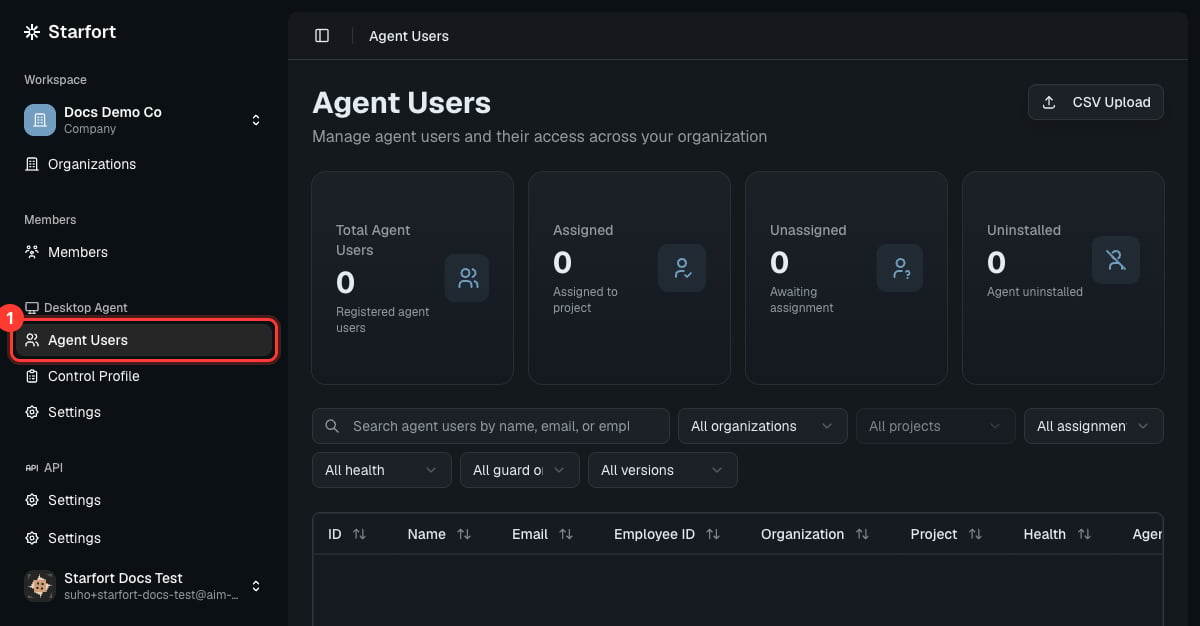 Agent Users page with the Agent Users navigation highlighted