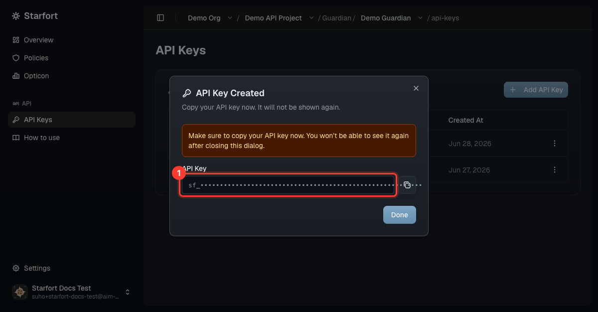 Copy the key now — it is shown only once