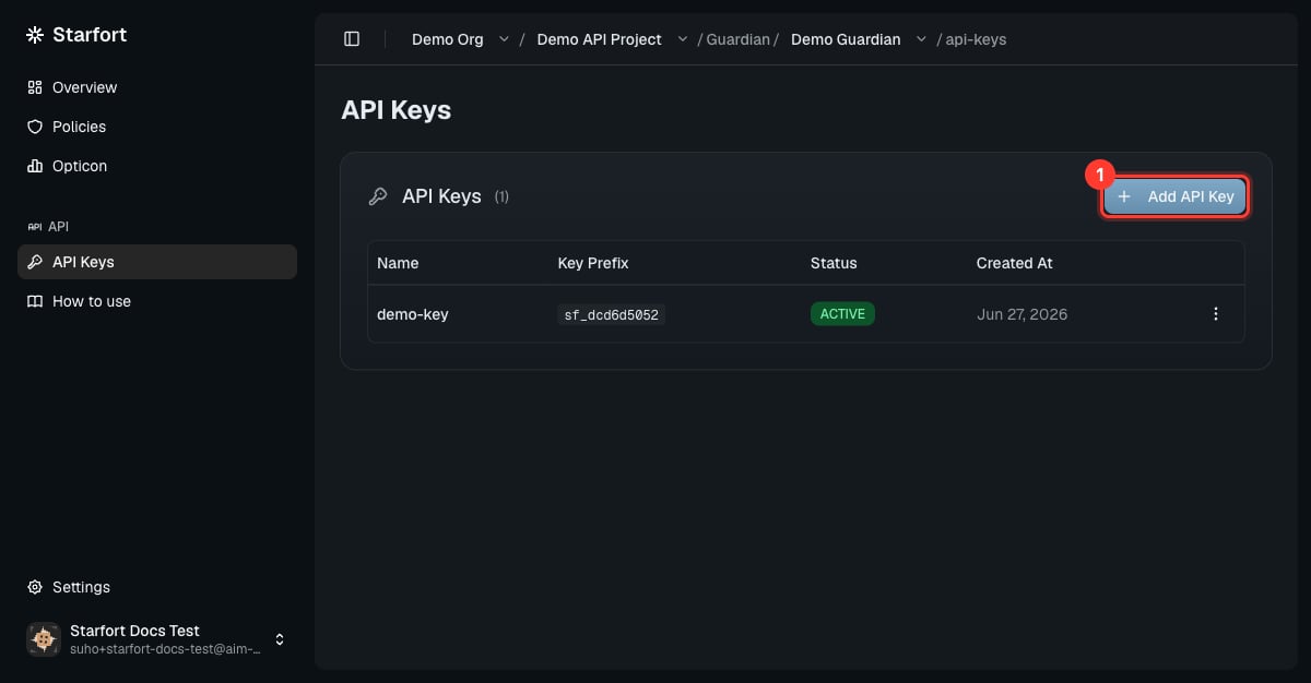 API Keys page with the Add API Key button highlighted