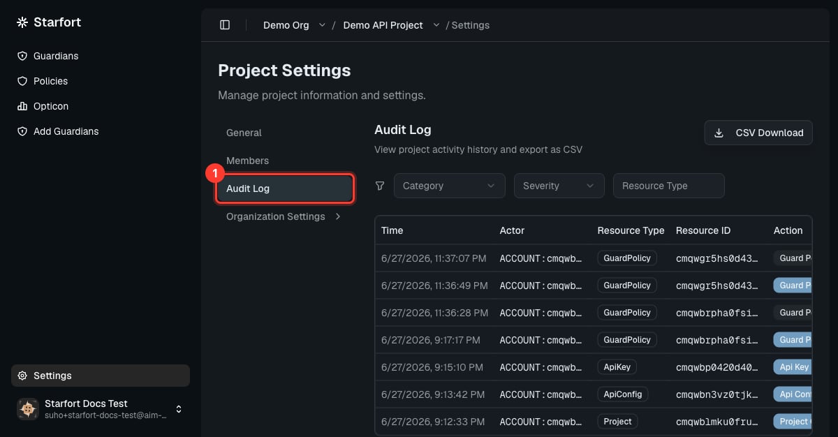Project Settings with the Audit Log tab highlighted