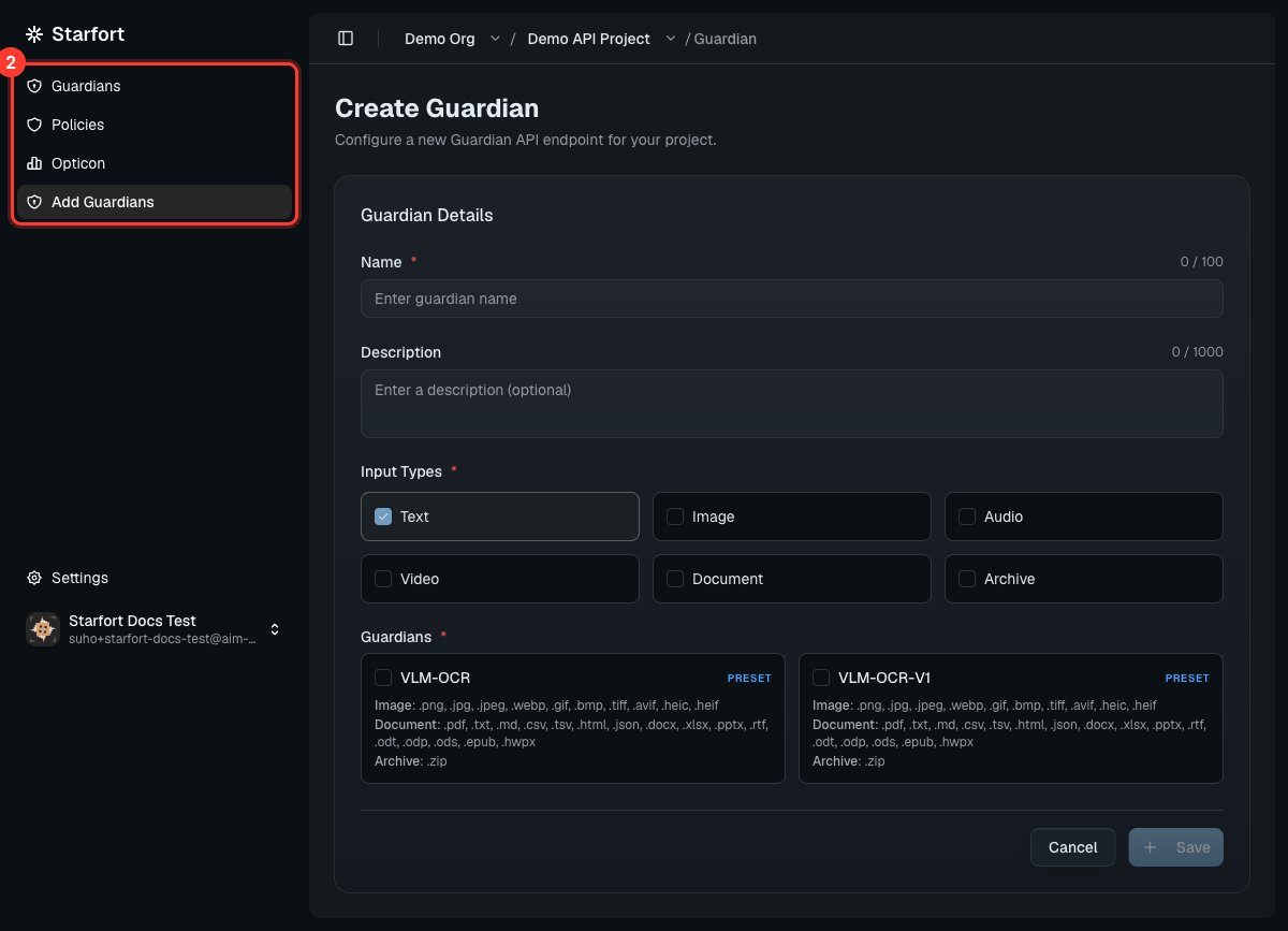 Input Types와 프리셋이 강조 표시된 Create Guardian 양식