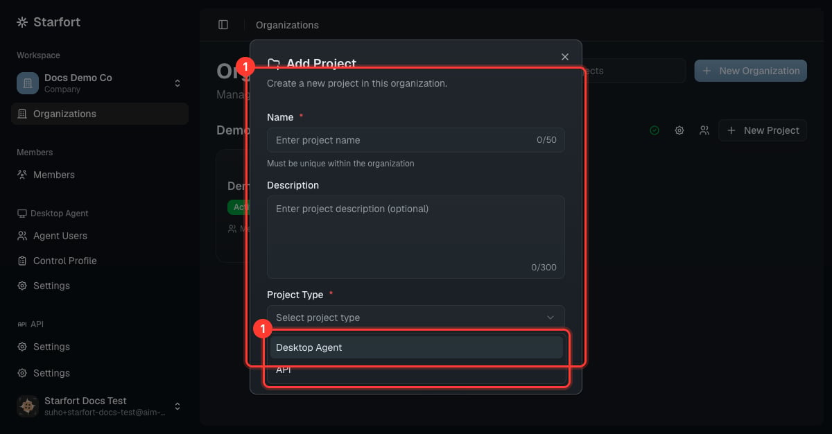 프로젝트 유형 드롭다운이 있는 Add Project 대화 상자