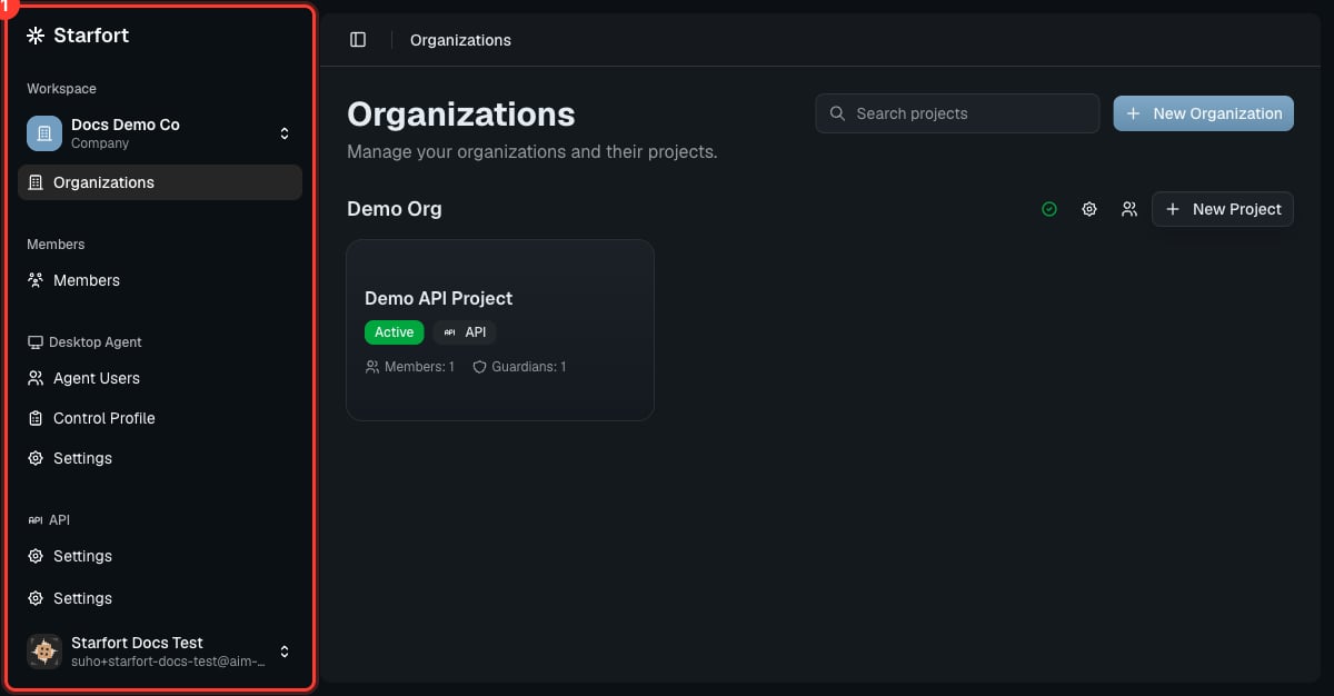 Starfort Console with the left navigation sidebar highlighted