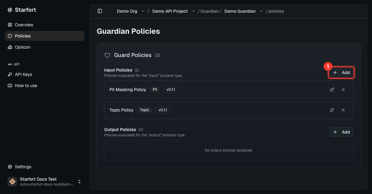 Guardian Policies page with the Add button highlighted
