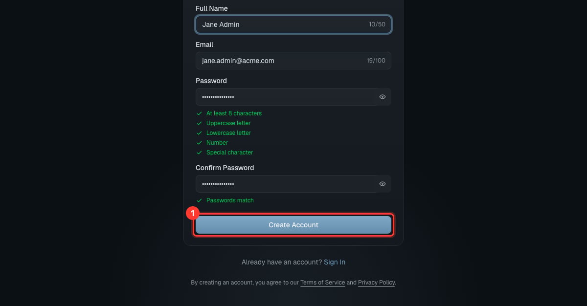 Create Account 버튼이 강조 표시된 가입 양식